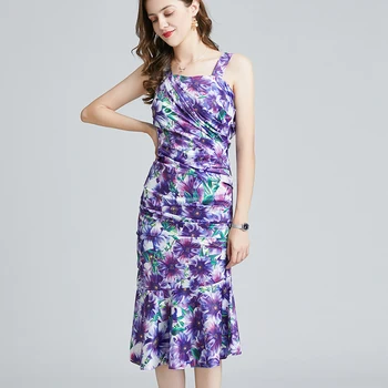 2021 Naujas Vasaros Moterims Seksualus Plonas Dirželis Suknelė Aukštos Kokybės Mados Raukšlės Violetinė Anemone Gėlių Spausdinti Mermaid Dress