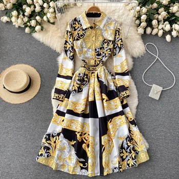 2022 Baroko Mados kilimo ir tūpimo Tako Suknelė Moterų ilgomis Rankovėmis Juoda Ir Aukso Gėlių Spausdinti Elegantiškas Marškinėliai Suknelė Plisuotos Midi Vestidos