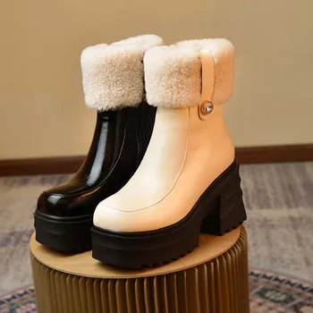 2022 naujas Europos Rusija žiemos batai natūralios odos šilti sniego batai 22-24.5 cm karvės odos+vilnos pusėje užtrauktukas aukštos vilnonių batai