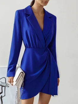 2023 Office Įpjovomis Mini Ruched Dress Moterims, Elegantiška Juoda Ilgomis Rankovėmis Šalis Suknelės Kietas Aukšto Juosmens Trumpą Suknelę 2022 M. Rudenį Mėlyna