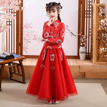 2VNT Gėlių Mergaitės Suknelė Vestuvių Mergaičių Kinų Hanfu Siuvinėjimo Cheongsam Suknelė Princesė Naujųjų Metų Suknelė Przybornik
