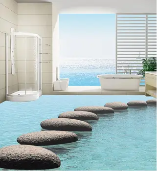 3d grindų dažymas tapetų Vandens akmens grindiniu vonios kambarys 3D grindų dažymas pvc grindų tapetai