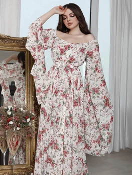Arabų Šalis, Ilga Suknelė Vasaros Gėlių Spausdinti, nuo Peties Šifono Skraiste, Dubajus, Saudo Maroko Vakaro Moterų Suknelė Balta
