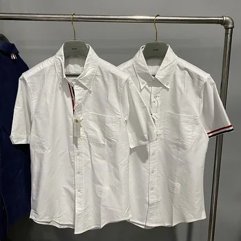 Aukštos Qualit Vasarą TB Trumpas rankovėmis Marškinėliai Dryžuotas Dvigubai Raištį Kišenė Spalvos Dryžuotas Medvilnės Oksfordo Vidurio rankovėmis Marškinėliai