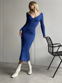 Elegantiškas V-kaklo, ilgomis Rankovėmis Mėlyna Briaunoti Megzti Bodycon Suknelė Moterims 2022 M. Rudenį Atsitiktinis Biuro Darbas Juodas Megztinis Sukneles