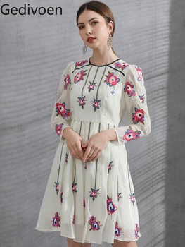 Gedivoen Mados Dizaineris suknelė Pavasario Vasaros Moterų Suknelė Žibintų Rankovės Gėlių Siuvinėjimų Suknelės