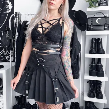 Gotikos Streetwear Moterų Tamsiai Cyberpunk Mergina Klostuotas Sijonas Vasaros Aukšto Juosmens Seksuali Juoda Mini Sijonai Vertus Žiedas Pankų Drabužių indie
