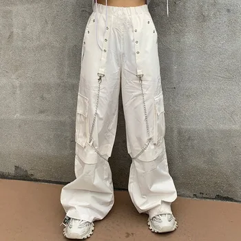 Harajuku Goth Balta Krovinių Kelnės Moterims Mall Goth Hipių Moda Punk Laisvas Kelnes Grandinės Baggy Negabaritinių Korėjos Stiliaus Kelnės