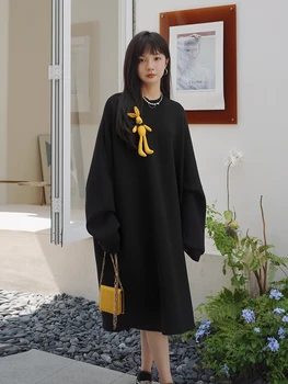Iki 2023 m. Pavasarį Naujas Juodas Megztinis Hoodie Suknelė Moterų Mados korėjos Stilius Laisvas ilgomis Rankovėmis O-kaklo Atsitiktinis Marškinėlius Suknelės 8802