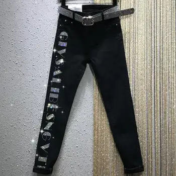 Juodos, aukšto liemens laišką cirkonio skinny džinsai moterims ruožas džinsinio audinio pieštuku džinsai