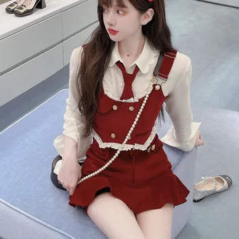 Kolegijos Stiliaus Trijų Dalių Rinkinys 2022 Korėjos Kawaii Moteriška Liemenė + Elegantiškas Sijonas Kostiumas Moterų Nėriniai Lolita Saldus Šalis Mini Sijonas Rinkinys