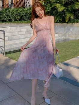 Korėjos Stiliaus Elegantiška Suknelė Moterims 2022 Seksualus Rankovių Backless Gėlių Maxi Skraiste Šifono Beach Vacation Moteriška Suknelė Vestidos