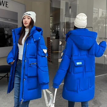 Korėjos Striukė Moterims, Žiemos Parkas Kietas Gobtuvu Tirštėti Šilta Moteriška Žieminė Dėvėti Atsitiktinis Palaidų Mygtuką, Užtrauktukas Outwear Negabaritinius