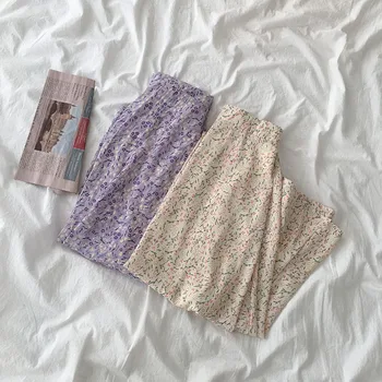 Korėjos Vasaros Atsitiktinis spausdinti Midi paplūdimys sijonas moterų šifono derliaus saldus gėlių sijonas mada-Line Vidurio Blauzdos sijonai Mados