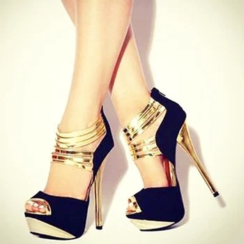Minan Sa NAUJAS Romanas mados black suede strappy aukso užtrauktuką 16 cm aukšto obcasie batų, aukštakulnį vasaros sandalai. Dydis: 35-43
