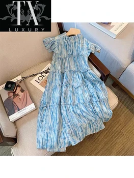 Mini Suknelė Moterims 2022 Vasaros Paplūdimys Atostogų Rankovių Raukšlės Mėlyna Vestidos korėjos Mados Saldus Bodycon Lankas-line Dreses Moteris