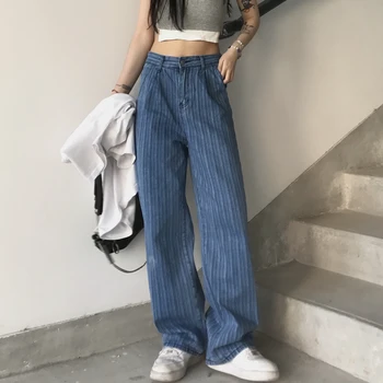 Moteriški Derliaus Dryžuotas Džinsai korėjos 2021 m. Vasaros Mados Tendencijas Gotikos Drabužių Paauglių Baggy Džinsinio audinio Kelnės Harajuku Streetwear
