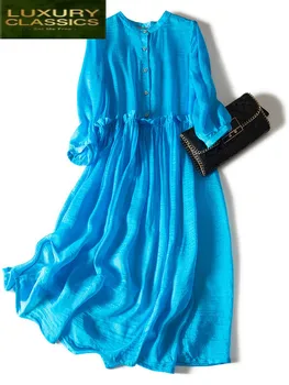 Nekilnojamojo Moterų Vasaros Suknelė Šilko Suknelė Moterims Drabužių 2021 Boho Raukiniai Ilgos Suknelės Vinatge Elegantiškas Ponios Mėlyna Vestido 0979