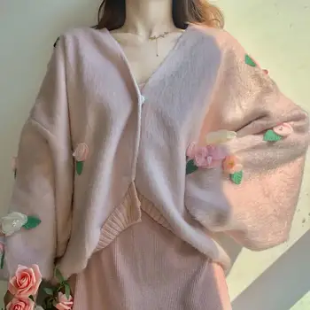 Prancūzijos Šviesą Cardigan Megztiniai Gėlių Rožinė Sluoksniuotos Rankovėmis Trikotažas Japonijos Prarasti Trimatis Apdailos Vilnoniai Paltai Palaidinė