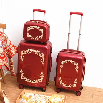 Raudona vestuvių lagaminą rinkinį su rankinės moterų retro geležinkelių bagažo nuotaka vežimėlio atveju kelionės atveju prabanga kraitį dėžutę