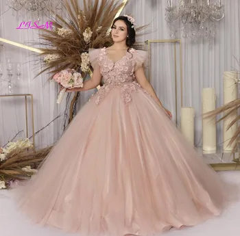 Rožinė Princesė Quinceanera Suknelę 2021 V-Kaklo, Bžūp Rankovėmis Gėlės Blizgančiais Zawalcowany Backless Saldus 16 Kamuolys Suknelė Vestidos De 15 Años