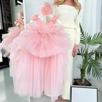 Rožinės Spalvos Tiulio Suknelės Princesė Dress Nėrinių Gėlių Mergaitės Suknelė Pirmosios Komunijos Suknelė Mergaitėms Vestuves Suknelė Nuimamas Traukinys