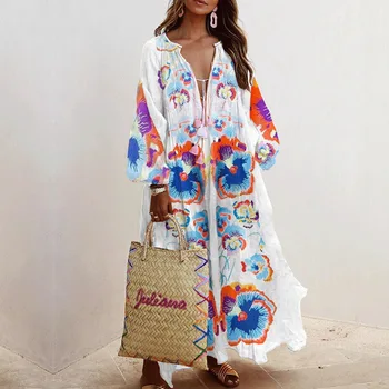 Senovinių Gėlių Spausdinti Moterų Maxi Suknelė Iki 2021 M. Vasarą Boho Suknelės Long Beach Dryžuota Suknelė Su V-Kaklo Prarasti Sundress Šalies Vestidos