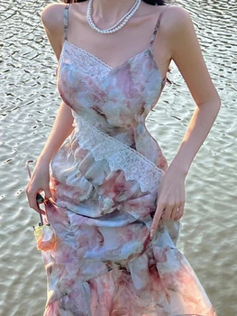Vasaros Paplūdimio Gėlių Korėjos Dirželis Suknelė Moterims Spausdinti Prancūzija Derliaus Elegantiškas Šalis Midi Nėrinių Suknelė Seksualus, Prašmatnus, Saldus Pasakų Suknelė 2022