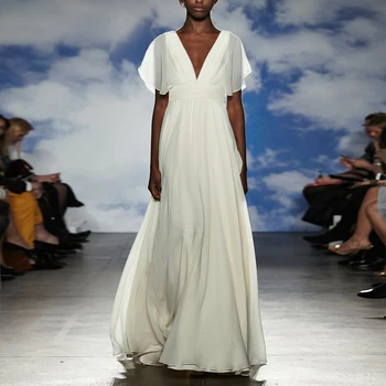 Vasarą Baltos spalvos Elegantiškas V-kaklo trumpomis Rankovėmis Raukiniai Ilgos Suknelės Moterims 2022 kilimo ir tūpimo Tako Dizainerių Šifono Maxi Suknelė Moteris