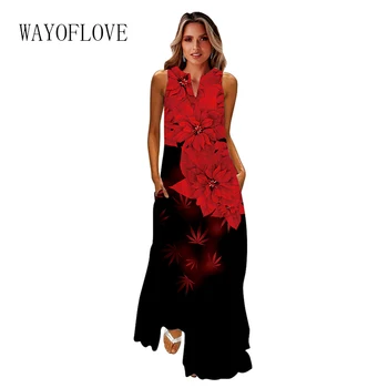WAYOFLOVE Pavasario Vasaros Ilga Suknelė Moterų Paplūdimio Atostogų Atsitiktinis V-Kaklo Raudona Gėlė Spausdinti Juodosios Suknelės, Šaliai, Elegantiškas Moterų Suknelės